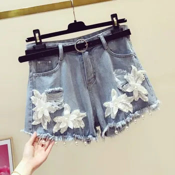 

White Shorts Women Summer Hot Pants New Korean-style Industrial Flower Beads Tassels High-waisted Holes Denim Shorts Short