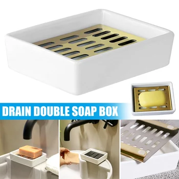 

Soap Box Ceramics Stainless Steel Soap Container Double Layers Draining Holder Case HKS99
