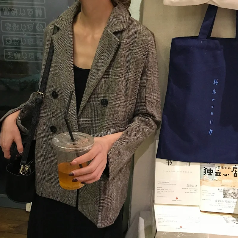 

2019 Autumn New Style Korean-style Retro Plaid Double Breasted Slim Fit Slimming Small Suit Jacket Women's