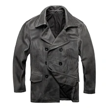 Винтажный серый мужской длинный повседневный кожаный пиджак двубортный большой размер 5XL Натуральная Воловья кожа русская Осенняя кожаная куртка
