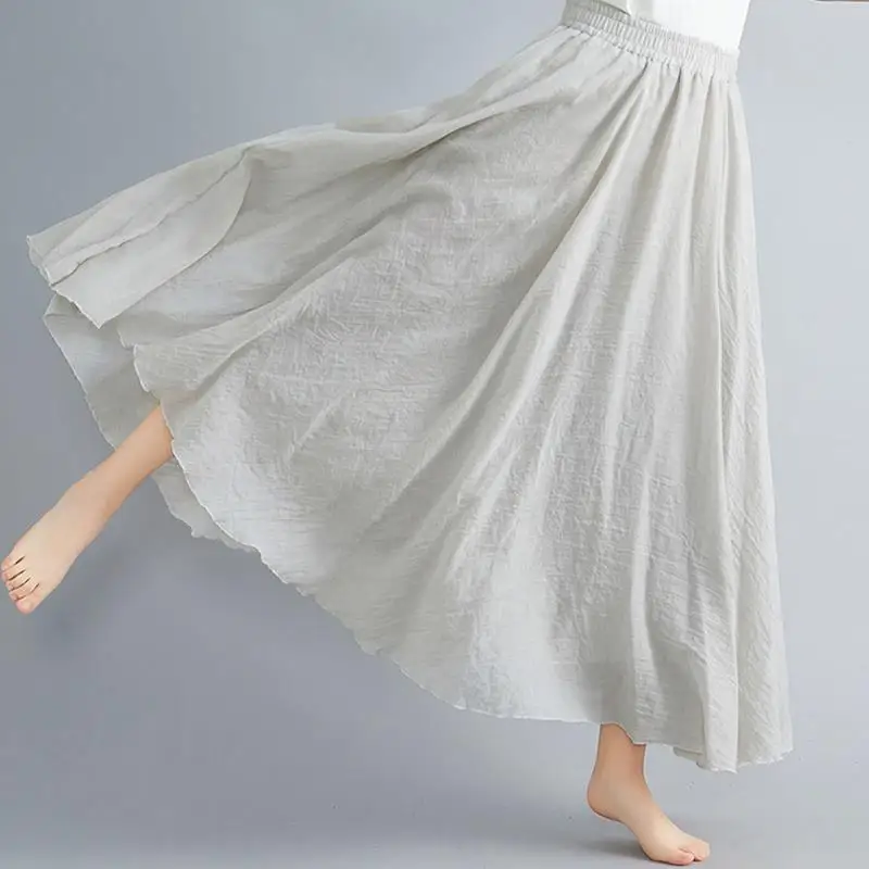 beige Spring Autumn Summer Linen Skirts Pleated Satin Long Skirt High Elastic Waist Wear Linen Pleuche Big Hem A-line Long Skirts - Цвет: beige
