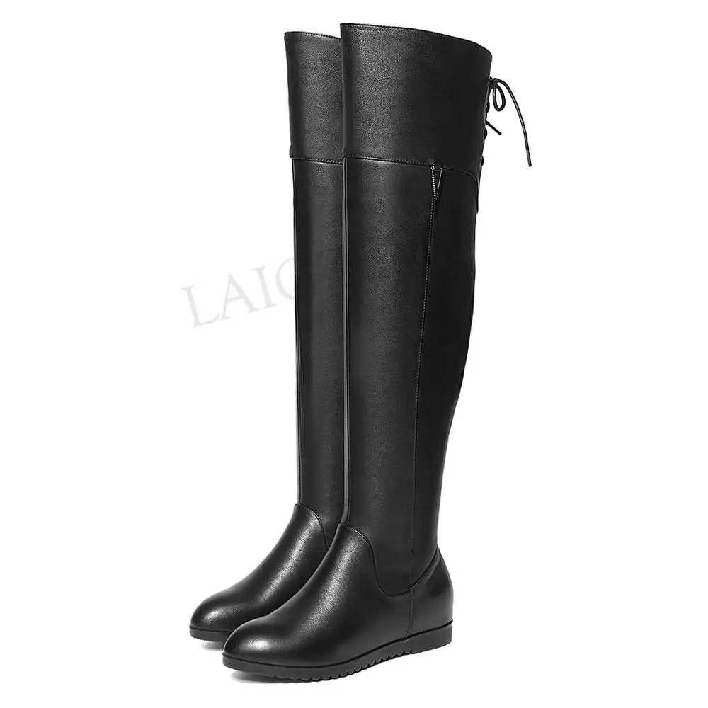 

LAIGZEM 2020 Women's Over Knee Boots 100% LEATHER Side Zip Wedge Heels Riding Boots Shoes Botas Mujer Black Size 37 38 39