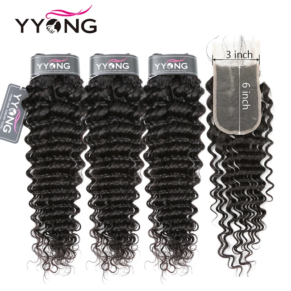 

Yyong 3x6 Closure With Bundles Peruvian Deep Wave 3/4 Bundles With Closure Remy Peruvian Human Hair Bundles With Lace Closure