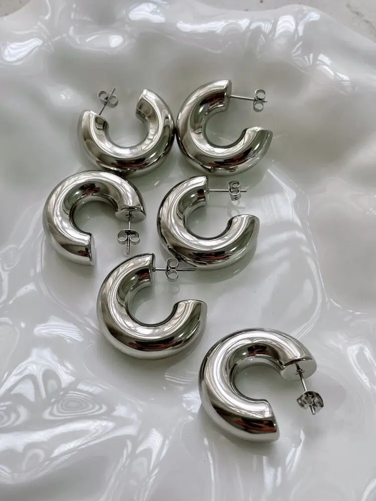 Chunky Hoop Earrings Stainless Steel Thick Tube Minimalist Open Hoops Statement Punk Jewelry Light Weight