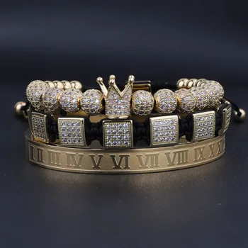 High Quality Luxury CZ Micro Pave Crown Square Charm Braided Stainless Steel Beads Bangle Bracelet Set Men Jewelry