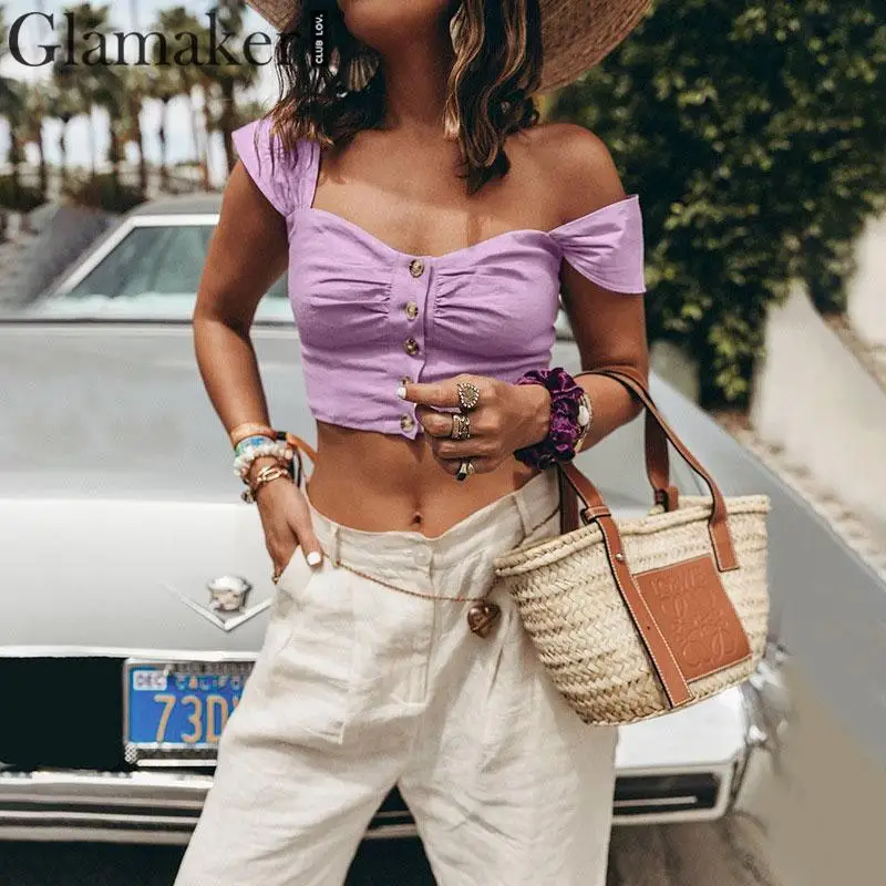 Glamaker Button vest ladies tank top women tops summer sexy top crop short tanks& camis Vintage sleeveless purple camisole