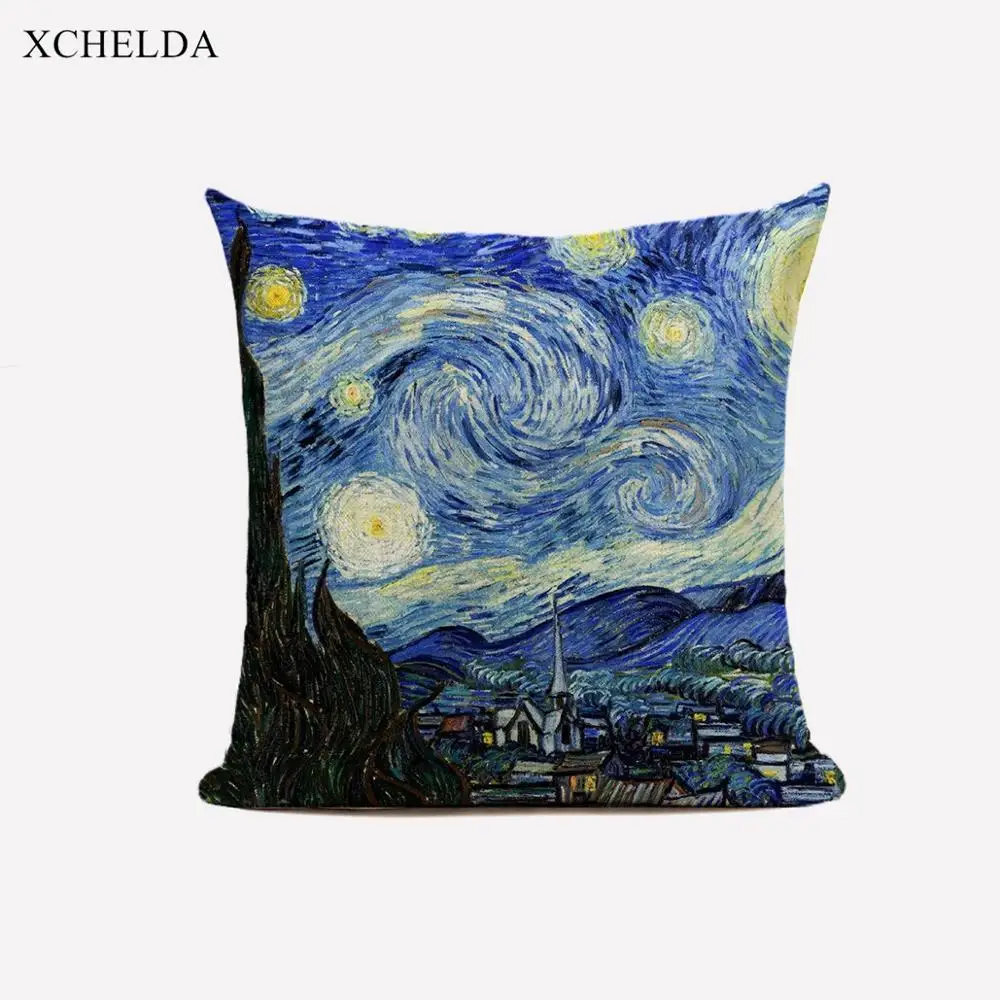 Linen Cushion Covers Van Gogh Oil Painting 45*45 Sofa Home Decorative Pillow Case Sunflower Starry Sky Print Car Seat Pillowcase