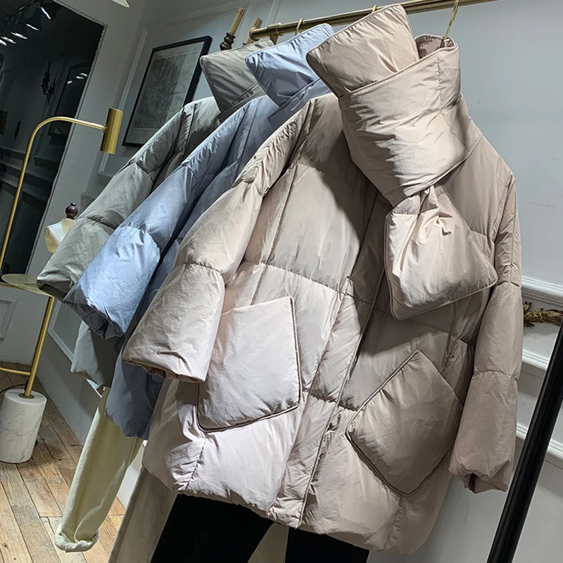 

New With Scarf Duck Down Coat Winter Jacket Women Loose Warm Parkas Female Medium Long Down Jacket