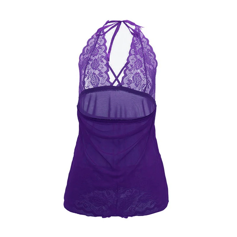 Женское рождественское ночное сексуальное платье для сна, нижнее белье, мини платье плюс кружевное платье с глубоким v-образным вырезом, стринги, ночное белье, большие размеры, S-6XL - Цвет: purple