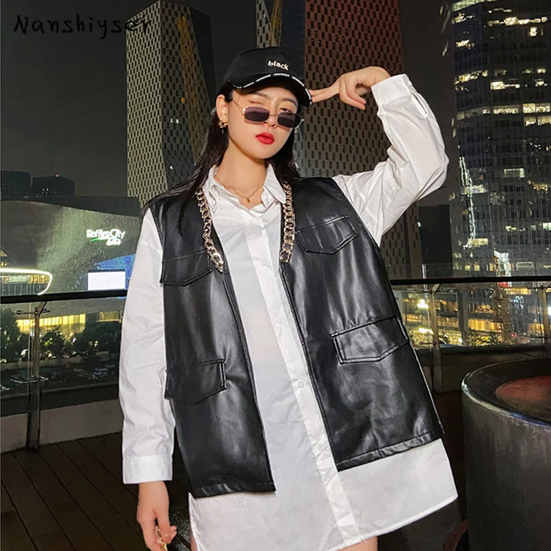 

Autumn Women New Faux Washed Leather Vest Loose Big pockets Chic Chain Sleeveless Cardigan coat PU Leather Waistcoat Streetwear