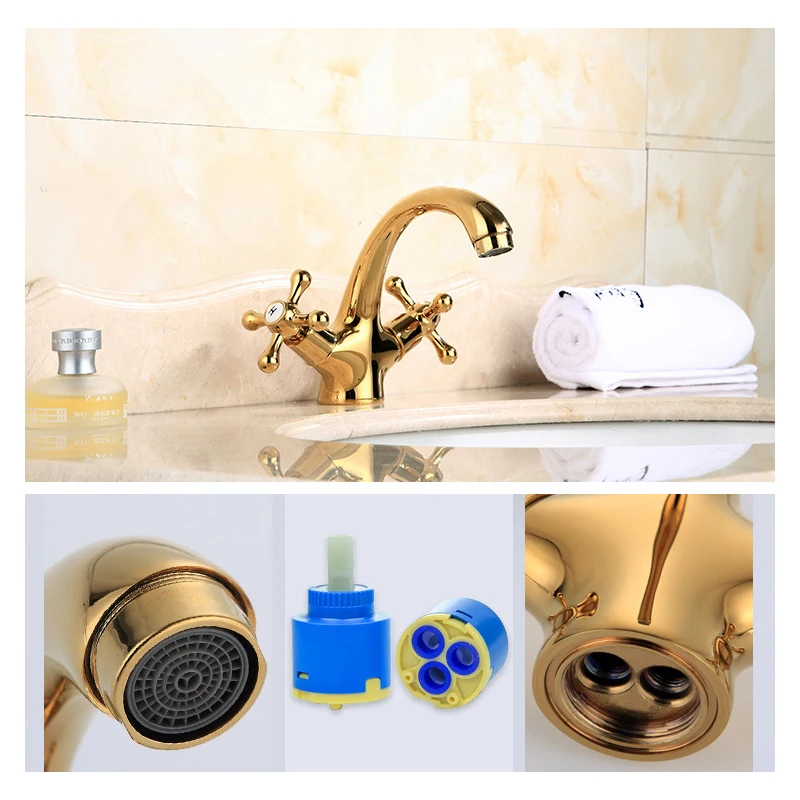 Bathroom Basin Faucet Dual Handle Vessel Sink Tap Antique Brass Cold and Hot Water Mixer Tap Gold European Style Wash Basin Tap