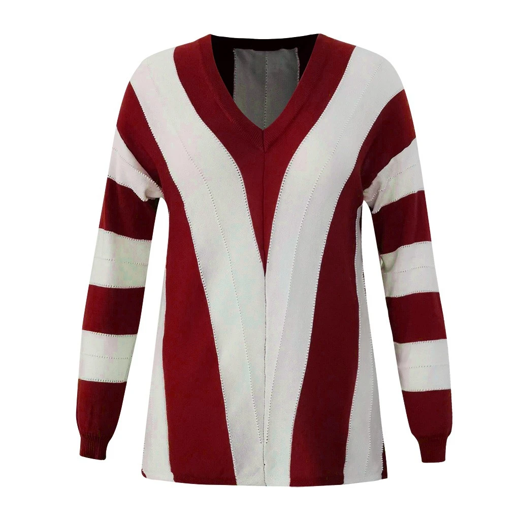 JAYCOSIA Striped Print V-neck Knitted Sweater Women Plus Size Tops Pullover Warm Autumn Winter Loose Sweaters Jumper 1016