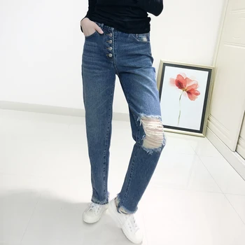 

Women's Letter Print Cotton Jeans Button Fly Loose Hole High Waist Straight Denim Pants