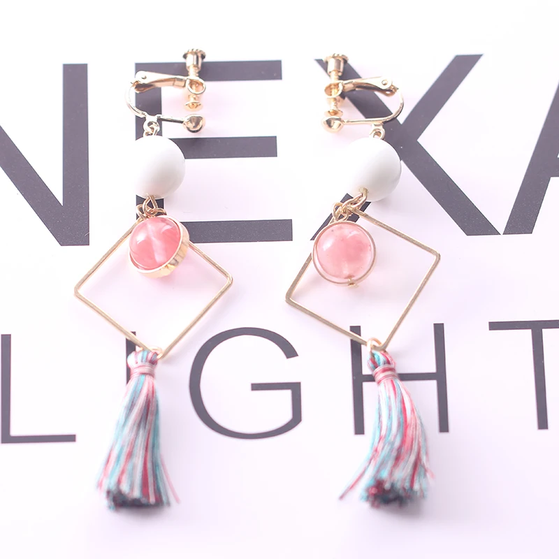 

Temperament retro earrings natural seashell powder spar colorful tassel geometry ear pierced ear clip long earrings
