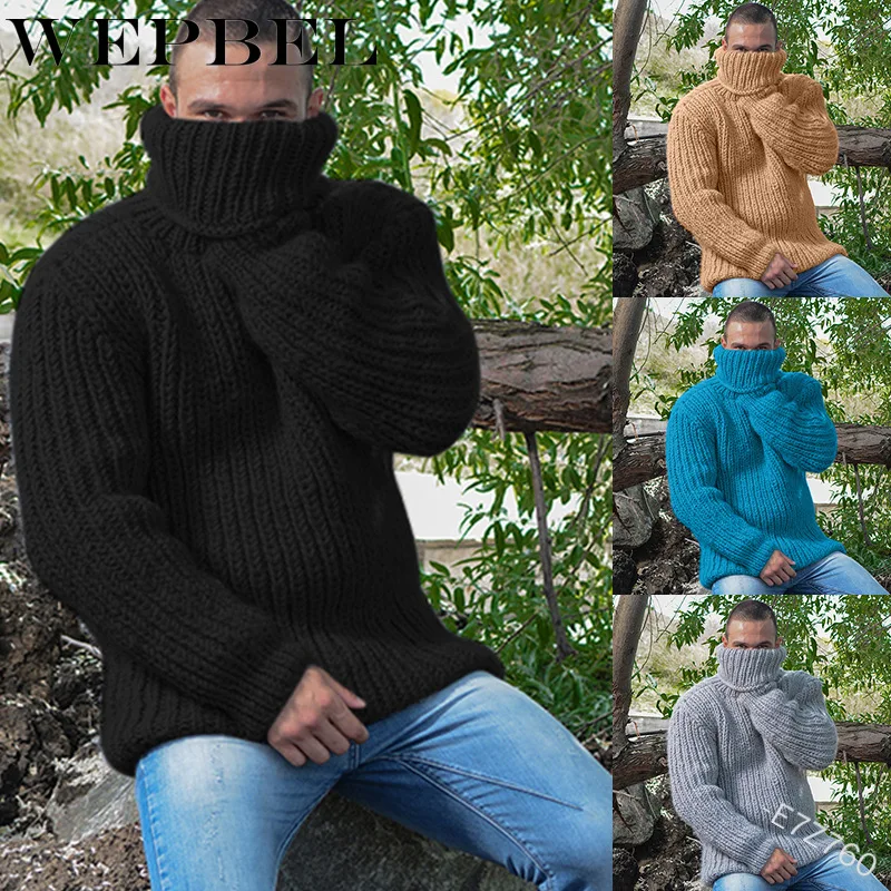 

WEPBEL Autumn Winter Fashion Loose Solid Color Sweater Men's Casual Long Sleeve Turtleneck Pullover Sweater