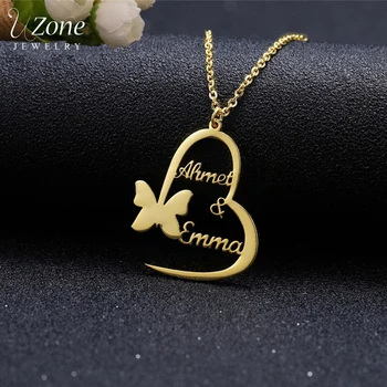 

Uzone Trendy Custom Name Necklace Women Butterfly Heart Pendants Stainless Steel Personalized Name Chocker Jewelry Wedding Gift