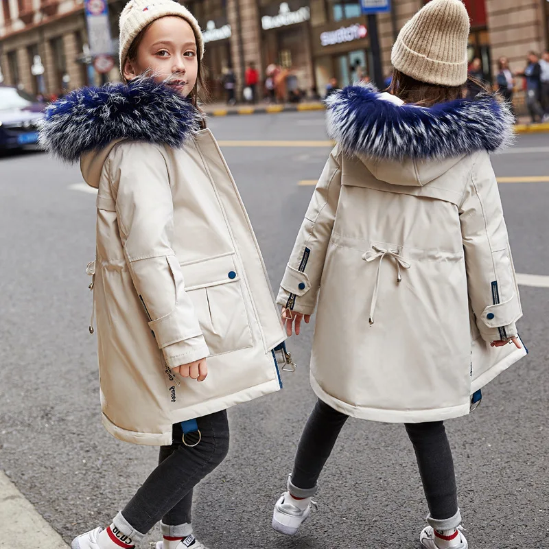 

2019 New children's down jacket thickened medium big collar white duck velvet pure color girls winter down coat with hood