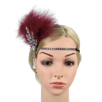 

Feather Rhinestone Headband Vintage Bead Headdress for Church Party Women Lady -MX8