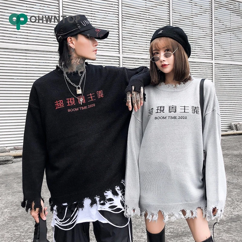 

BOOM TIME 2020 Embroidery Crewneck Knitwear Sweaters Fashion Tattered Pullover Knit Sweater Men Harajuku Tops Hip Hop Streetwear