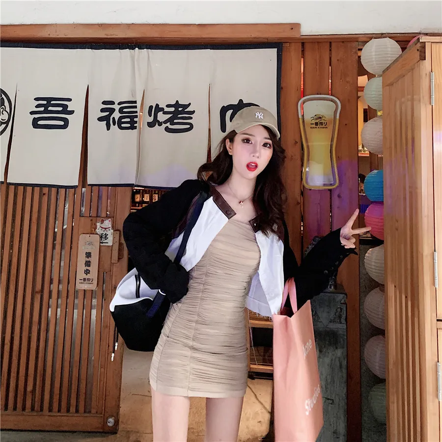 

Autumn 2019 Korean Version A Burst Tight Sling Hong Kong-flavored Patchwork Jacket Two Sets of Women 2 Piece Set Women