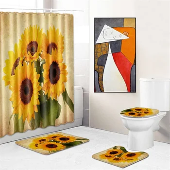 

NEW Stylish Sunflower Printing Shower Curtain and Rug Set Sunflower Bathroom Curtains Bath Mat Carpet for Toilet Decor