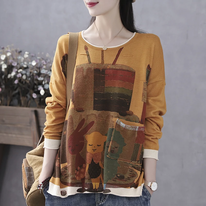 QPFJQD винтажные свободные женские свитера с мультяшным принтом, весенне-осенние женские вязаные пуловеры с длинным рукавом и круглым вырезом
