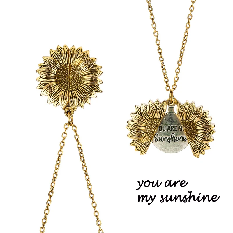

You are my Sunshine Pendant Necklace Custom Lettering Women Gold Open Locket Sunflower Necklaces Accessories Gift Jewelry