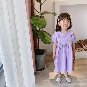 

2020 Summer Latest Girl's Puff Sleeve Purple White Ruffles Lolita Style Dress Toddler Baby's Princess Peter Pan Collar Dresses