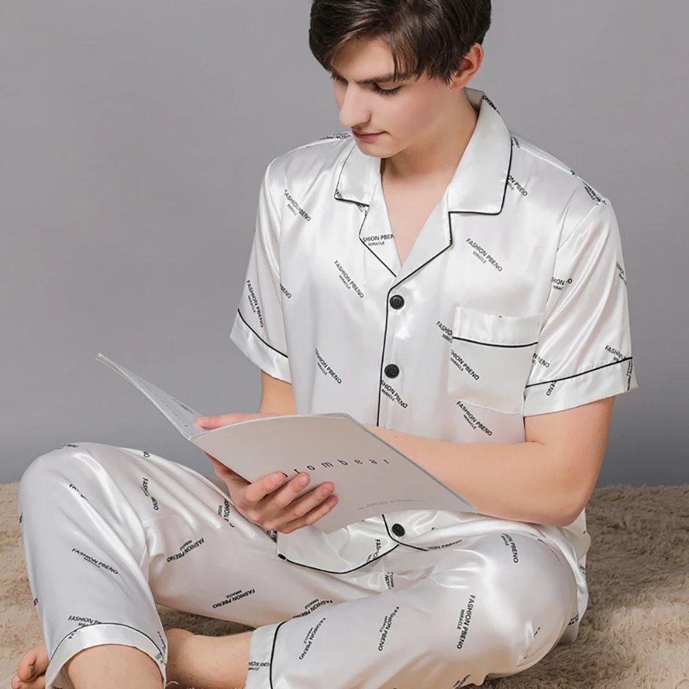 Summer Thin Men Pajama Sets Fashion Print Ice Silk Pajamas Plus Size Men's Sets Casual Sleepwear Pijama+Long Pants Pyjama Sets
