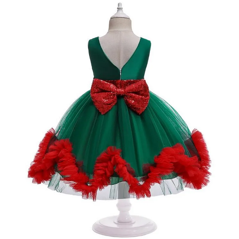 Girls Christmas Festival Party Dresses Flower Sequin Bow-Knot Girls Birthday Dress Performance Ball Gown