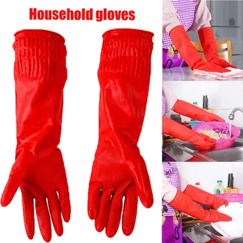 

1Pair Red Kitchen Wash Dishes Cleaning Waterproof Long Sleeve Rubber Latex Gloves Kitchen Cleaning Tools