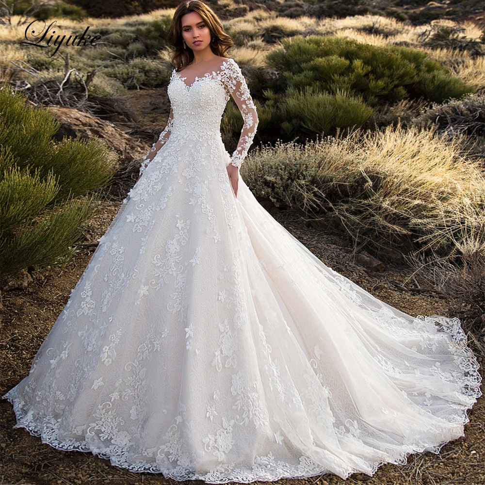

Liyuke Gorgeous A Line Wedding Dress With Stunning Appliques Full Sleeve Wedding Gown Of V Back