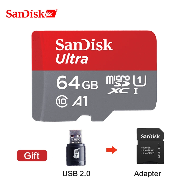Двойной Флеш-накопитель SanDisk Memory Card 256 ГБ 200 ГБ 128 Гб 64 Гб 98 МБ/с. 32 Гб оперативной памяти, 16 Гб встроенной памяти Micro sd карты Class10 UHS-1 флэш-карты устройство чтения карт памяти Micro sd TF/sd карты - Емкость: 64GB -Adpt -CR