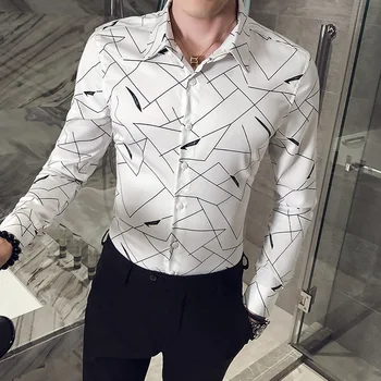 

2020 Business Shirts For Men Simple Geometric Lines Long Sleeve Mens Office Shirts Slim Fit Casual All Match Formal Wear Blouses