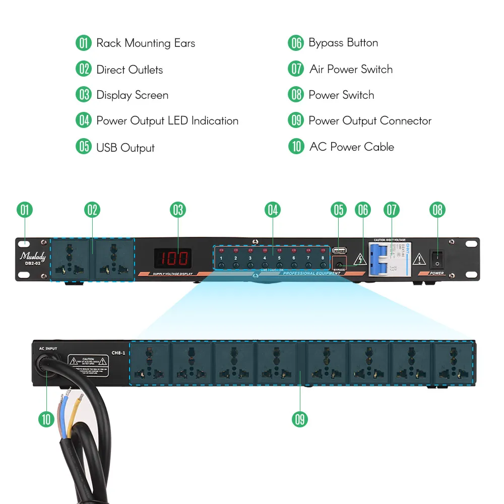 Muslady DB2-02 10-outlet Rack Mount регулятор последовательности питания кондиционера регулятор питания для DJ аудио записи