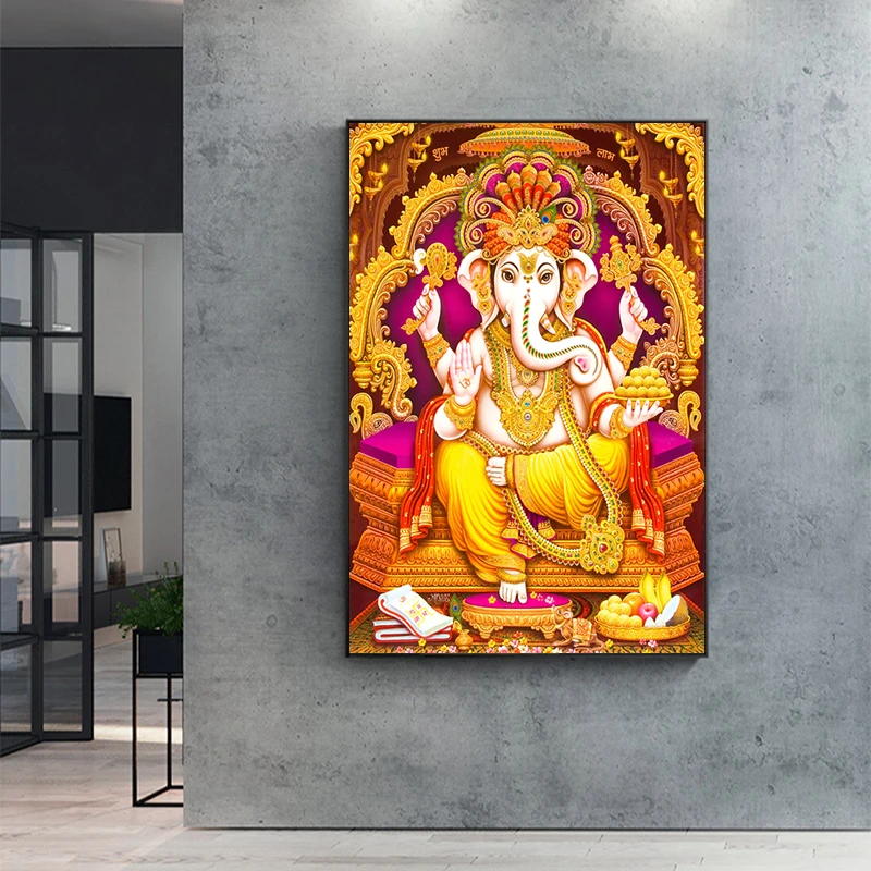 Постеры и принты на холсте Golden Lord Ganesha Картина индийская религия настенные