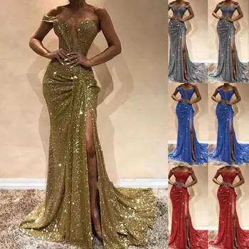 

2019 Women Formal Wedding Sexy Off Shoulder Glitter Evening Party Ball Prom Gown Formal Silver Long Dress