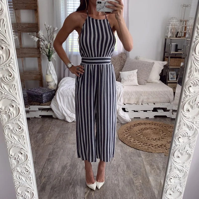

Ladies Fashion Summer Sling Sleeveless Strapless Sexy Hot Halter Printed Striped Casual Wide Legs Jumpsuit shein