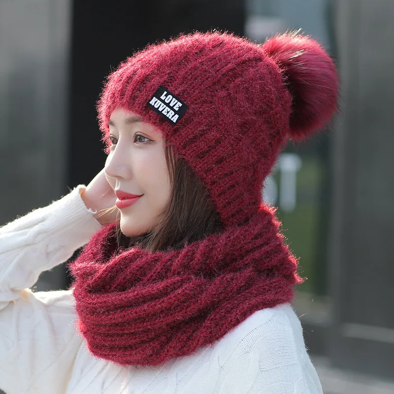 

2020 New Winter Wool Blend Knitted Hat Scarf 2Pcs Set for Women Beanies Caps Warm Thick Ears Knitted Hat Outdoor Ski Cap