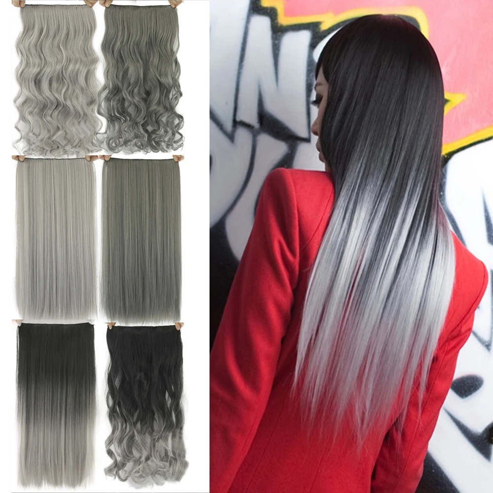 Soowee-extensiones de pelo sintético con pinza para mujer, accesorios para el cabello de una pieza, negro a gris, degradado, postizo de Clip