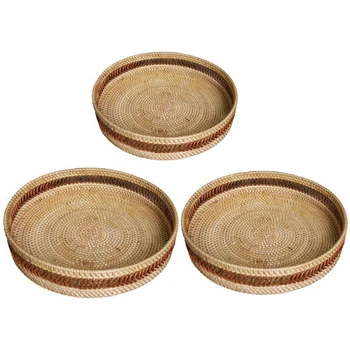 

NEW-Rattan Fruit Tray Fashionable Handmade Storage Tray Tea Ceremony Accessories Creative Fruit Dessert Storage Tray, 3PCS