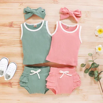 

Infant Girl Sleeveless Solid Vest Tops+Ruffles Shorts+Headband Outfits summer adorable baby clothes детская одежда платье летнее
