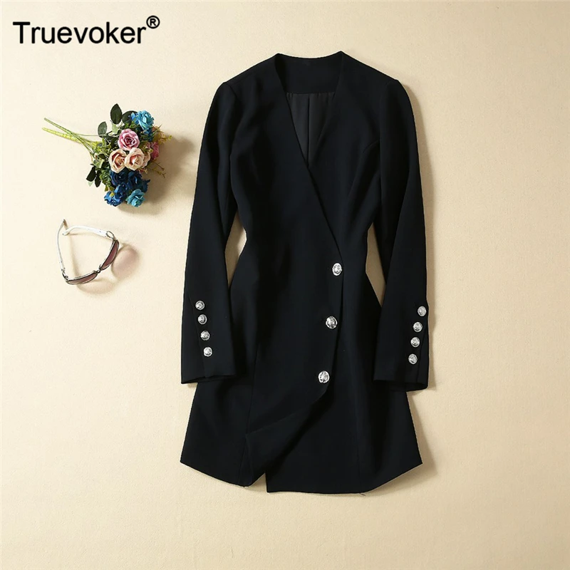 

Truevoker Autumn Designer Party Dresses Women's High End Long Sleeve V-neck Black Buttons Stylish Sexy Black Club Vestidoes