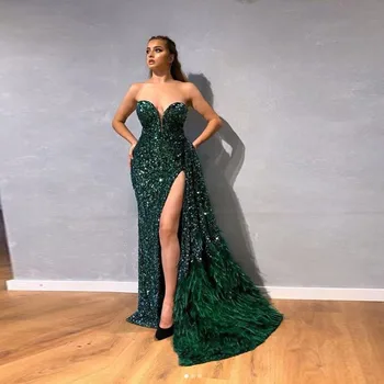 

Bling Evening Dress Removable Tail Feather vestido de festa longo abiye Evening Gown Hunter Green Sweetheart Evening Dresses