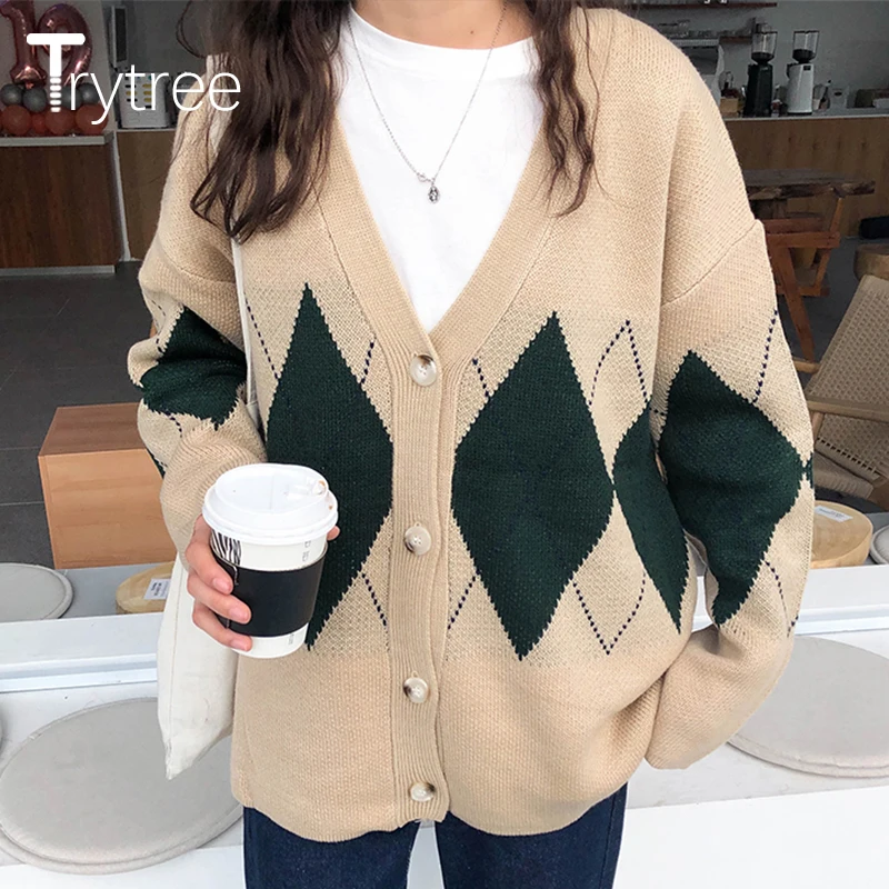 Trytree 2019AW Women Casual Sweater V-Neck Cardigans Single Breasted Computer Knitted Acrylic Long Sleeve Sweater Loose Tops