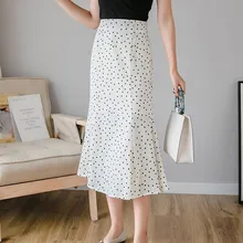 Женская повседневная юбка-Русалка с высокой талией, элегантная шифоновая юбка в горошек, Корейская юбка средней длины, свободная трапециевидная юбка