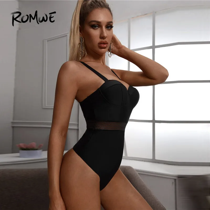 Romwe Sporty Contrast Mesh Underwire One Piece Swimsuit Women Solid Push Up Swimsuit 2020 Ladies Black Monokini Swimwear