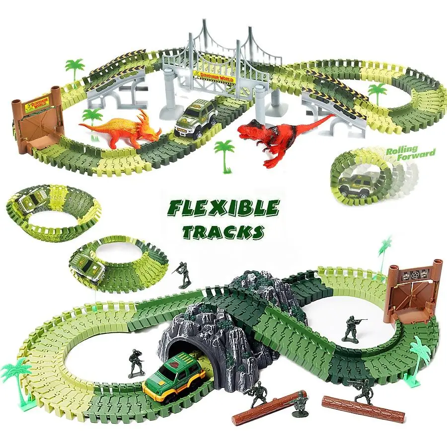 Create A Dinosaur World Road Race Dinosaur Toys 232 PCs Race Tracks Flexible Track Playset with a Race Car and 6 Toy Dinosaurs 