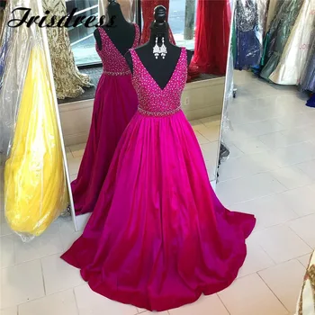 

Glitter Beading Fuchsia Prom Dresses Long 2020 Sweep Train Evening Dress For Women Cheap Plus Size Vestidos de fiesta de noche