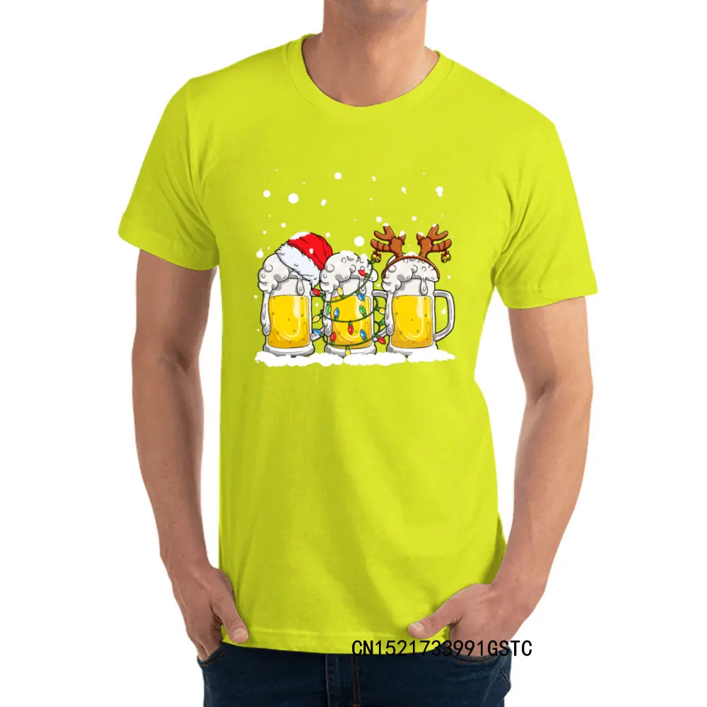 Fashionable Beer Christmas Mug Santa Reinbeer Xmas lights T-shirts for Men Popular Lovers Day O Neck 100% Cotton Fabric T-shirts Tees Beer Christmas Mug Santa Reinbeer Xmas lights yellow